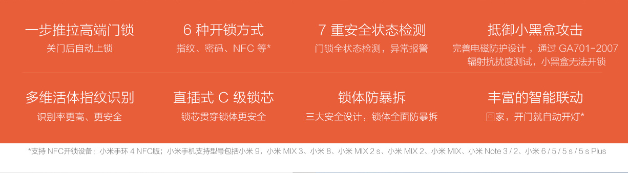 支持 NFC 开锁设备:小米手环 4 NFC 版;小米手机支持型号包括:小米 9、小米 MIX 3、小米 8、小米 MIX 2 s、小米 MIX 2、小米 MIX、小米 Note 3 / 2、小米 6 / 5 / 5 s / 5 s Plus