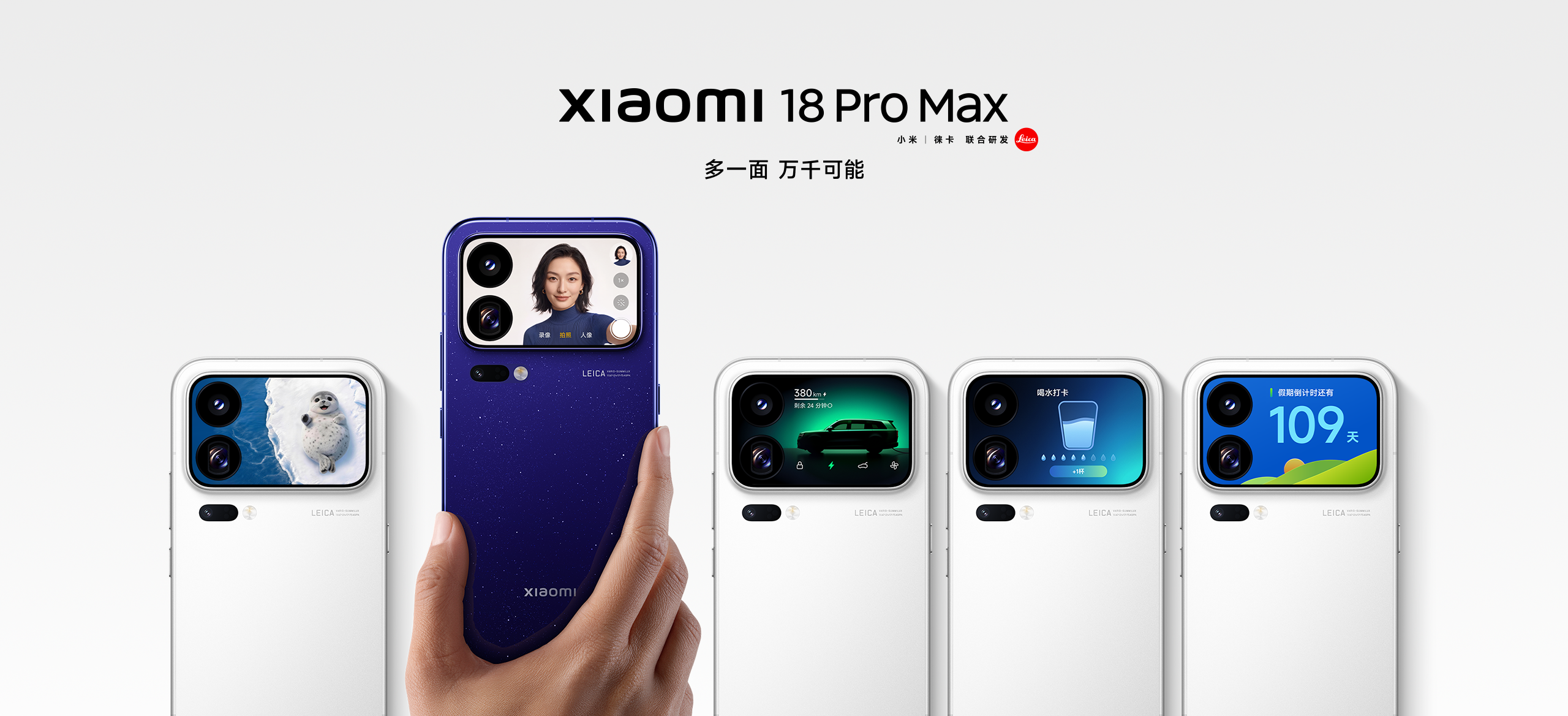Five Xiaomi 18 Pro Max phones in a row showing the customizable rear AI screens and Leica dual-camera module, with a hand holding the center unit